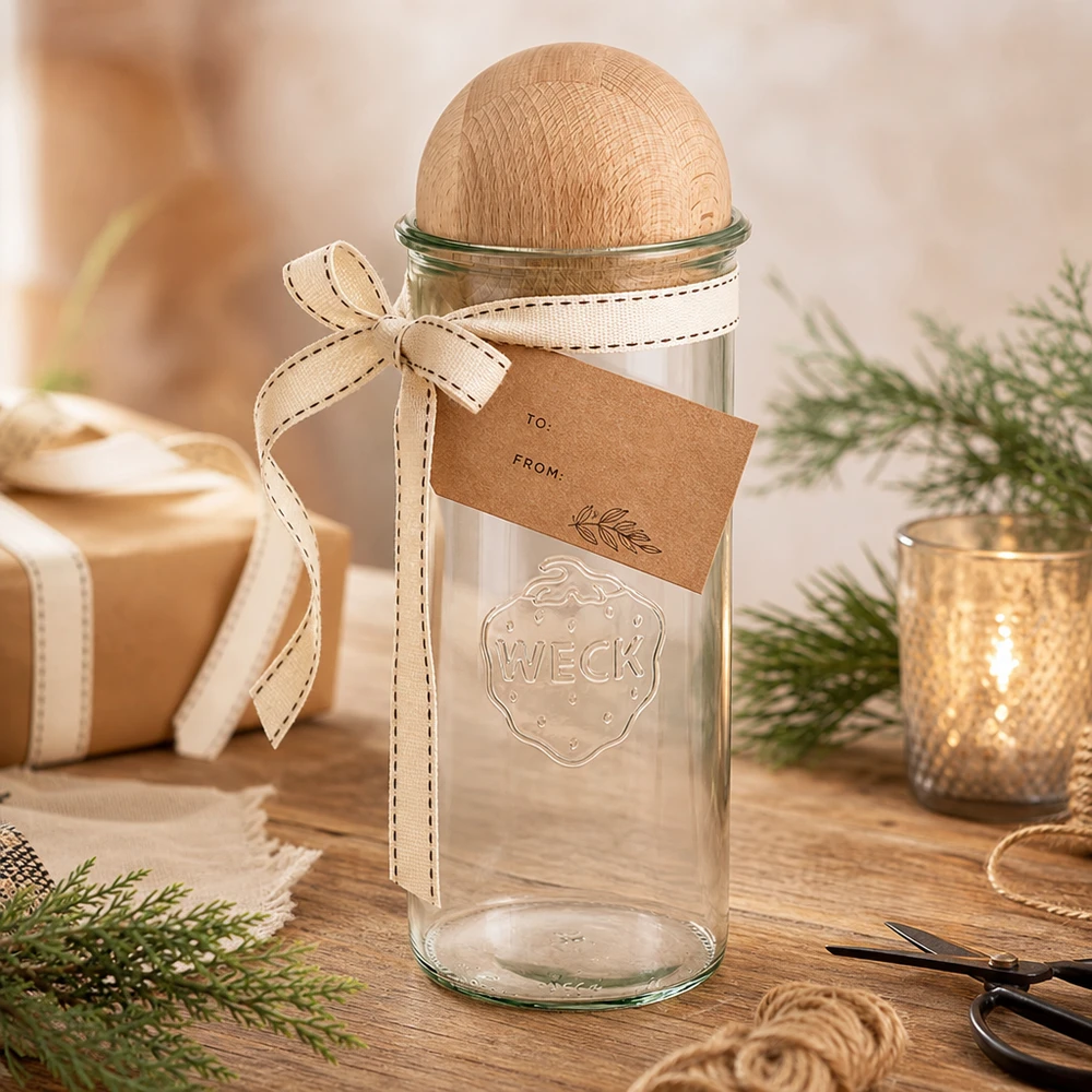 Copos de vidro de 1500ml WECK RR100 com bola de madeira faia Copos WECK 1500ml RR100 como embalagem de oferta decorada com bola de madeira de faia, fita de oferta e etiqueta