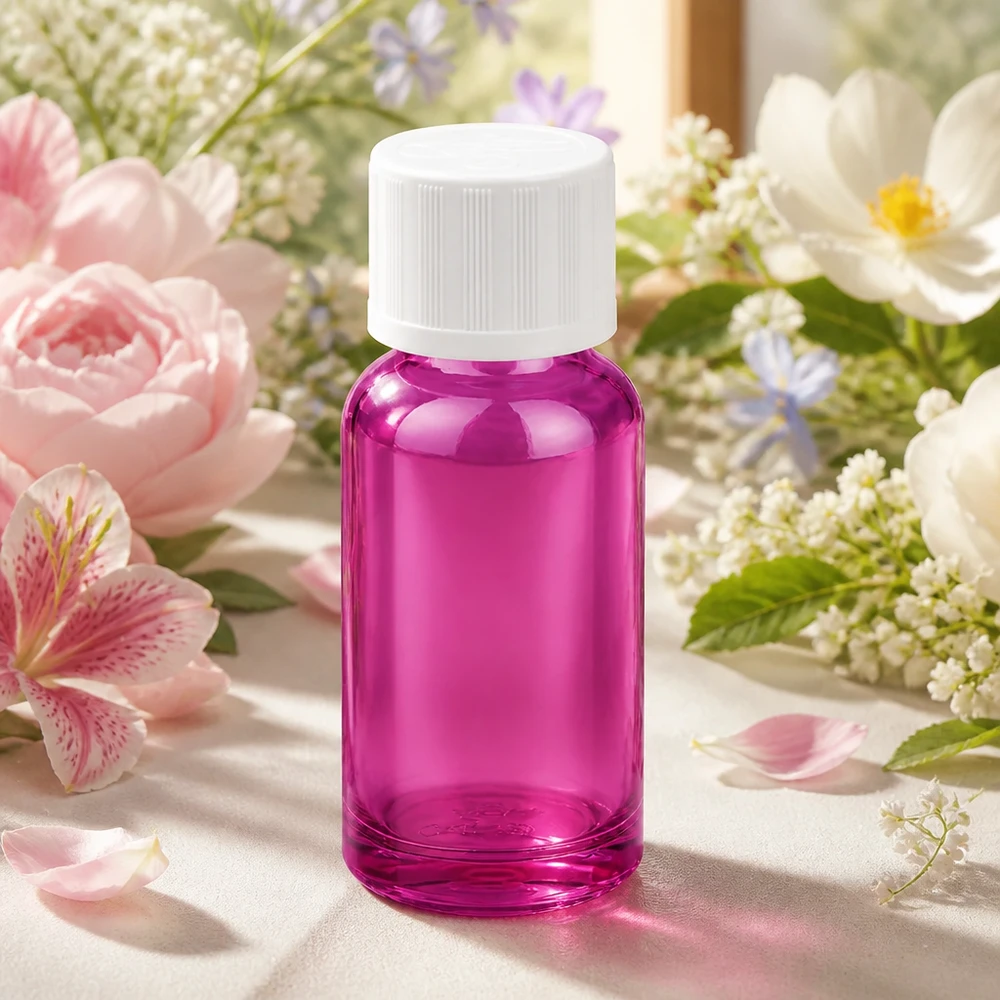 Pequeno frasco de vidro de 20 ml em violeta elegante com tampa branca para aplicações móveis