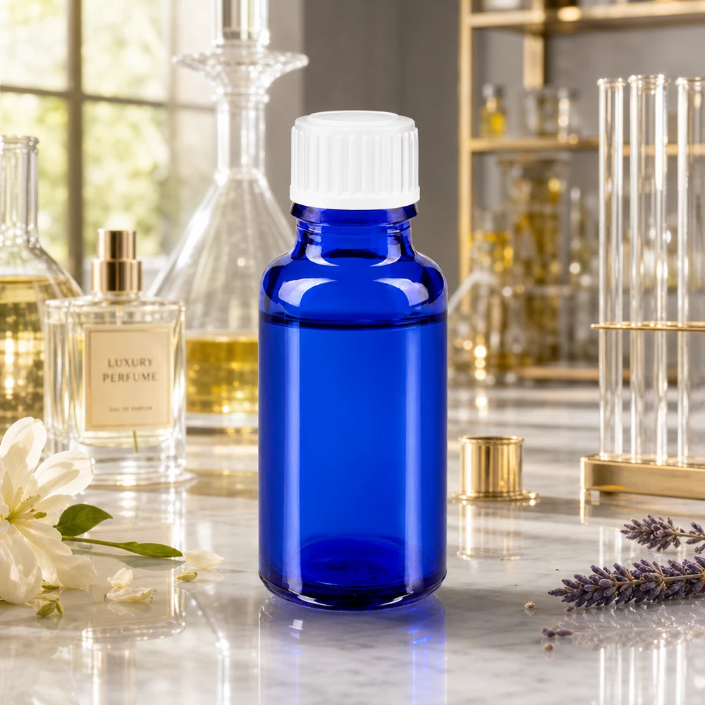 Frasco de vidro azul cobalto de 20 ml com tampa branca, entre flores de lavanda e de jasmim