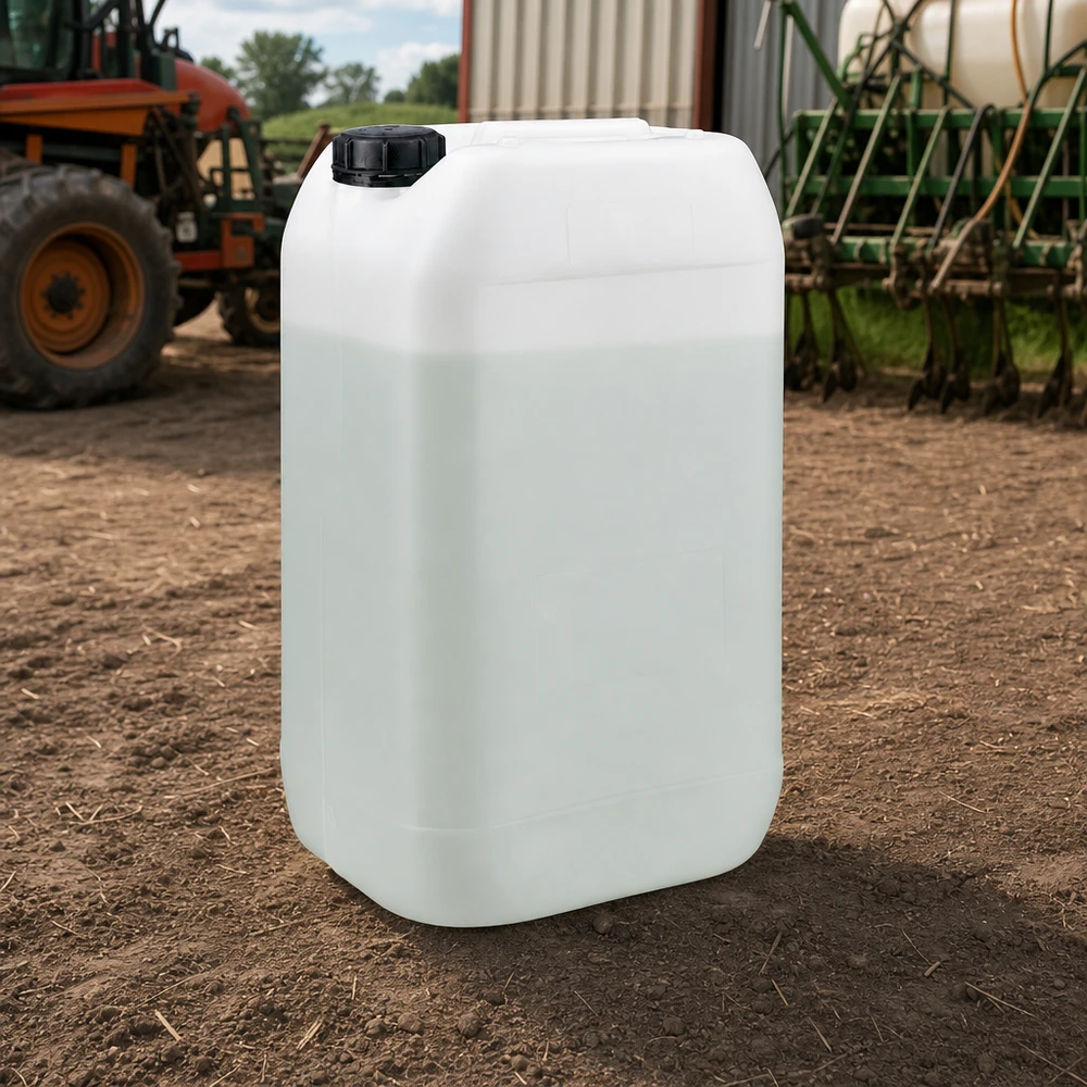 Bidão agrícola de 15 L com tampa de segurança num campo, em frente a um trator