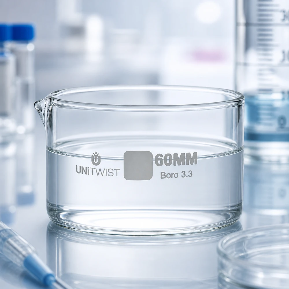 Bacete de cristalização UNiTWIST de 60 mm, cheia de água limpa, sobre uma bancada de laboratório brilhante