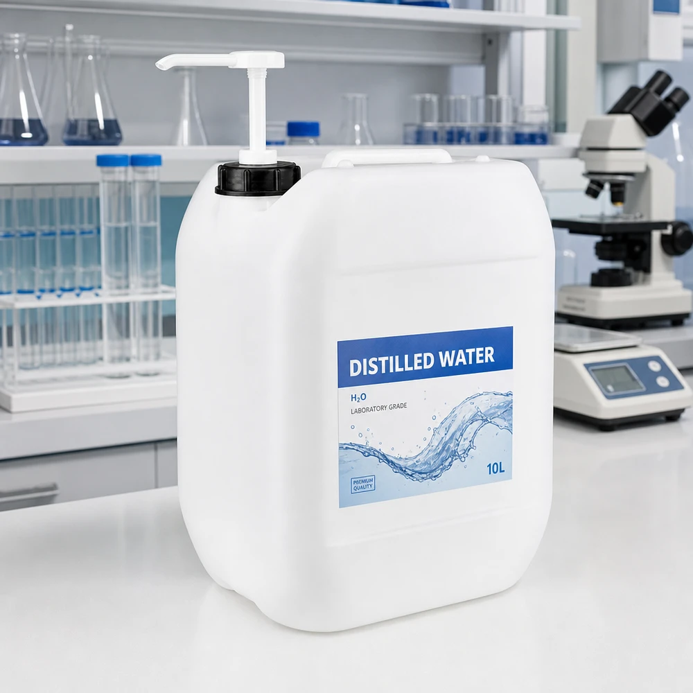 Bidão de 10 litros com bomba doseadora Recipiente de laboratório de 10 litros com bomba para água destilada H₂O em ambiente laboratorial profissional