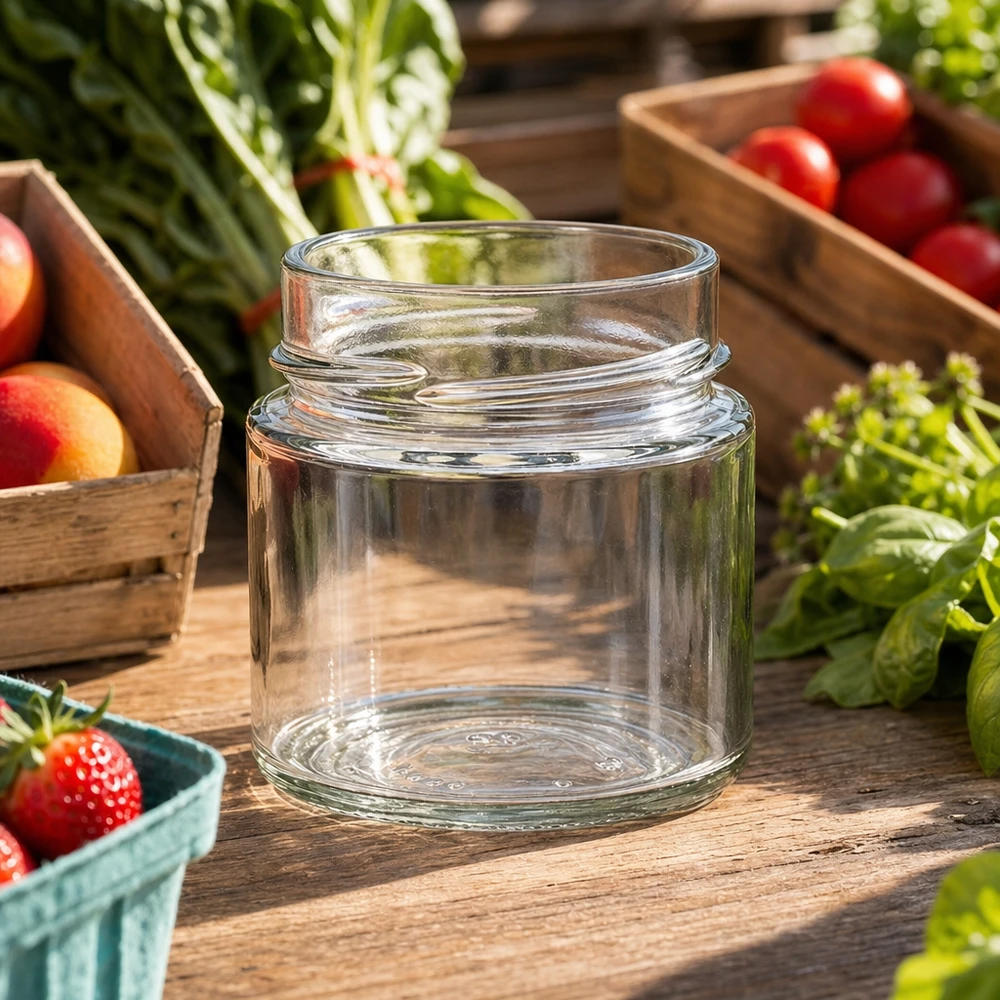 UNiTWIST Runda135 frasco redondo 135ml TO58deep frasco de conserva em mesa de madeira com frutas e legumes frescos