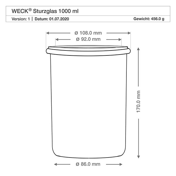 Copos de vidro de 1000ml com tampa WECK RR100 Desenho técnico dos copos WECK 1000ml RR100 com as dimensões, diâmetro 108mm, altura 170mm, peso 456g