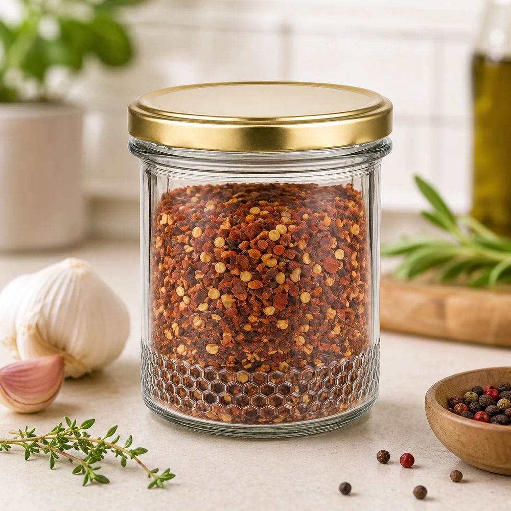 Frasco de mel de 400 ml com tampa BasicSeal UNiTWIST dourado como frasco de especiarias para flocos de malagueta num ambiente de cozinha
