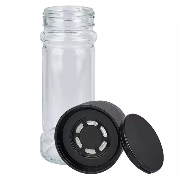 Frasco para especiarias de vidro transparente, 100 ml, com moinho de cerâmica preta
