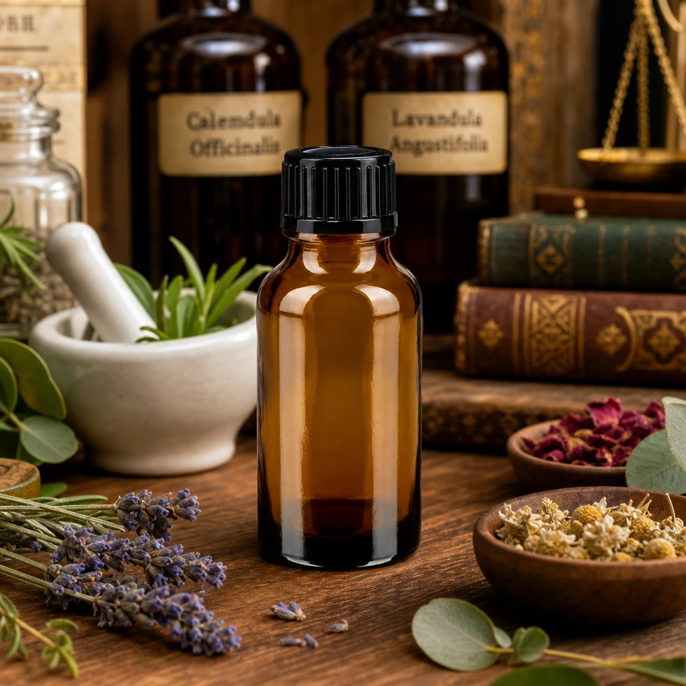 Frasco de farmácia castanho 20ml tampa de rosca preta standard Frasco de vidro castanho de 20 ml com tampa preta, ao lado das tinturas de calêndula e lavanda-oficinal