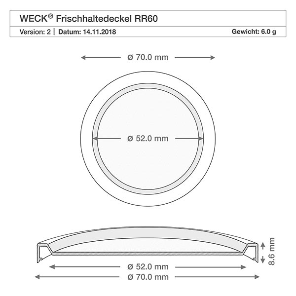 340ml Zylinderglas mit Frischedeckel WECK RR60 Desenho técnico da tampa para alimentos frescos WECK RR60 com dimensões 70 mm de diâmetro exterior 52 mm de diâmetro interior 8,6 mm de altura