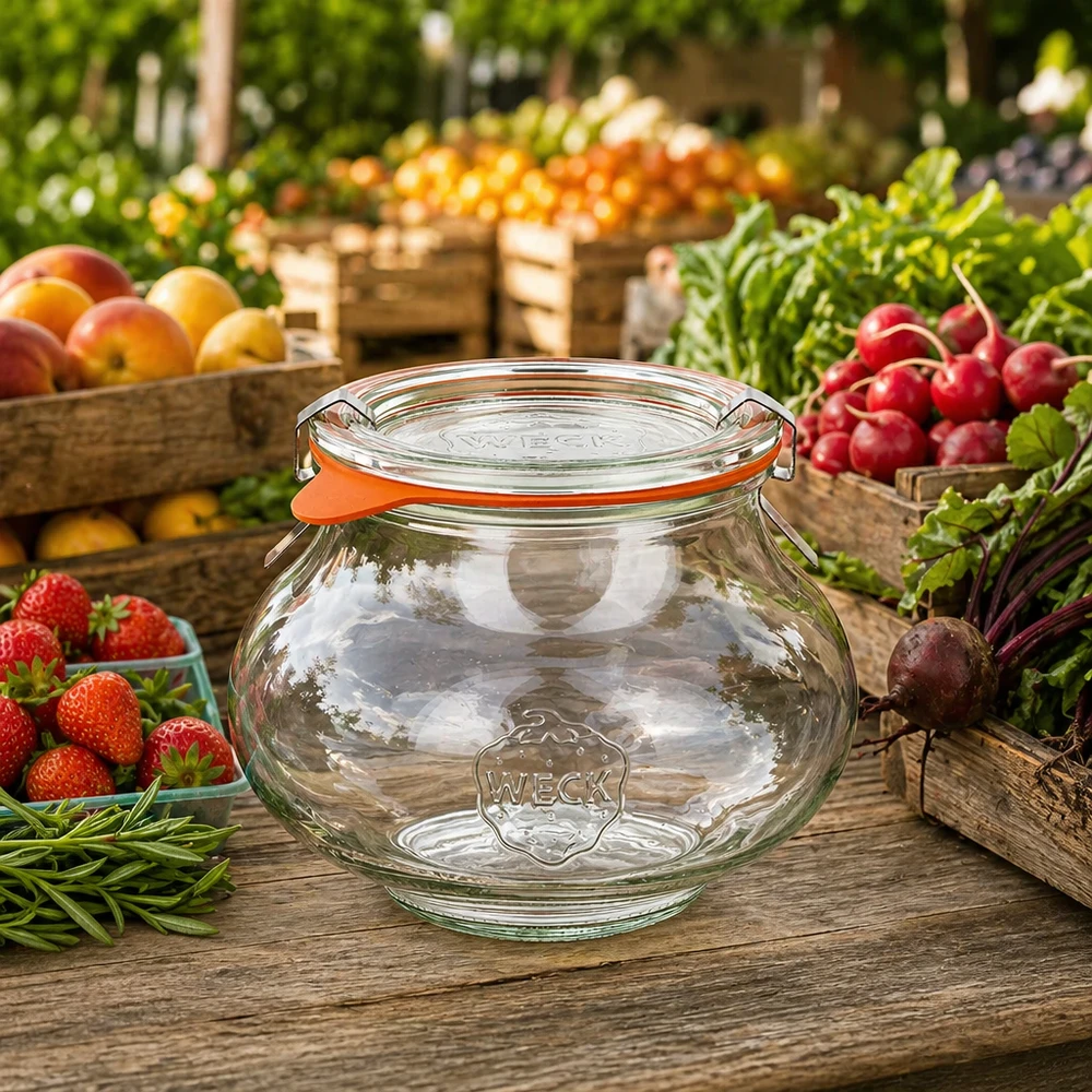 Frasco decorativo WECK 560ml RR80 sobre mesa de madeira entre frutas e legumes frescos, cena de mercado natural com frasco de conserva