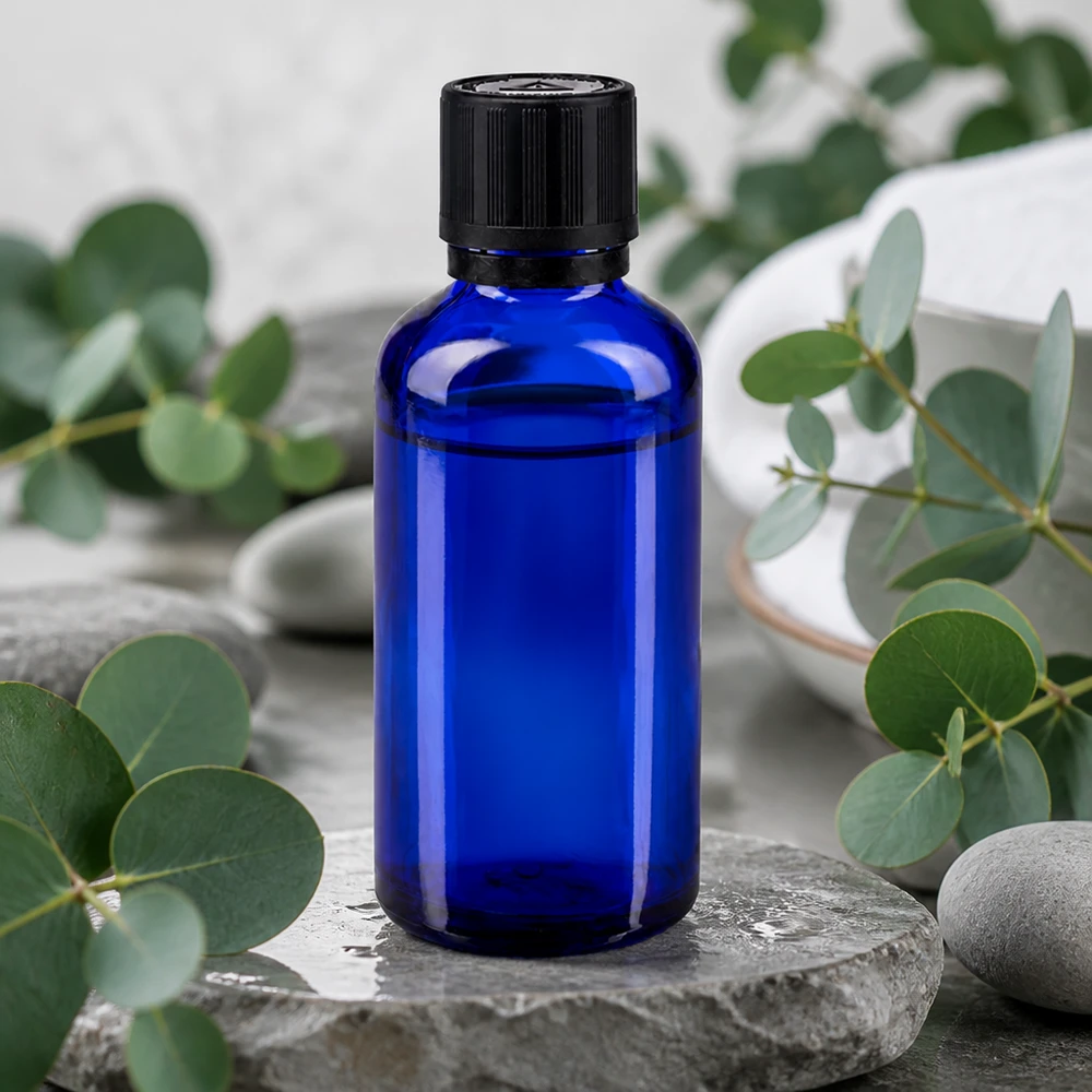 Frasco de farmácia azul de 50 ml com tampa de segurança para crianças preta, sobre pedras naturais com ramos de eucalipto