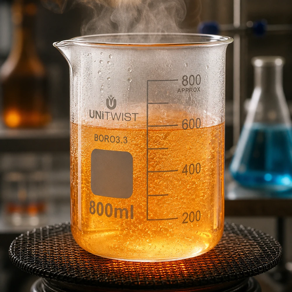 Copo 800 ml de borossilicato, baixo teor de bolor UNiTWIST Copo de vidro UNiTWIST de 800 ml com um líquido laranja a ferver, aquecido sobre uma grelha de arame