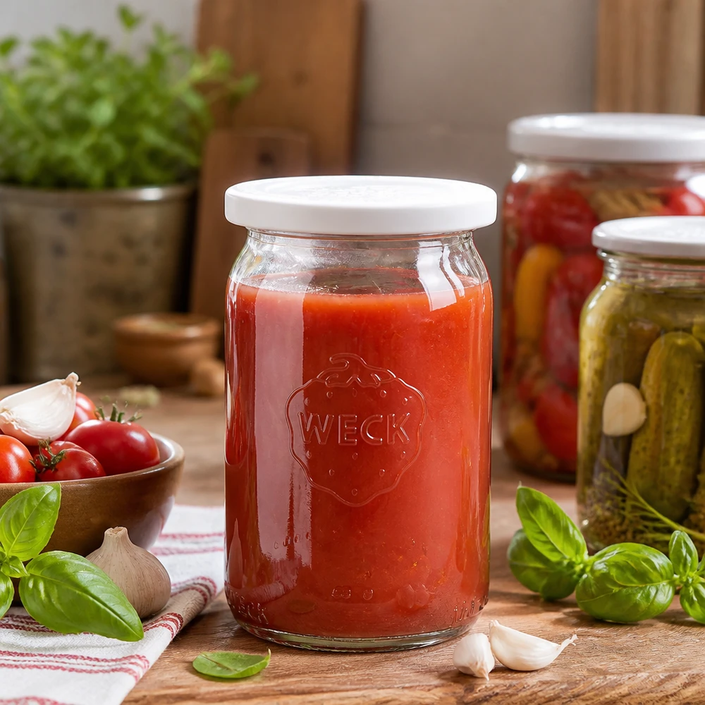 Frasco de conserva WECK RR40 de 145 ml cheio de molho de tomate vermelho numa cozinha rústica com ervas e legumes frescos