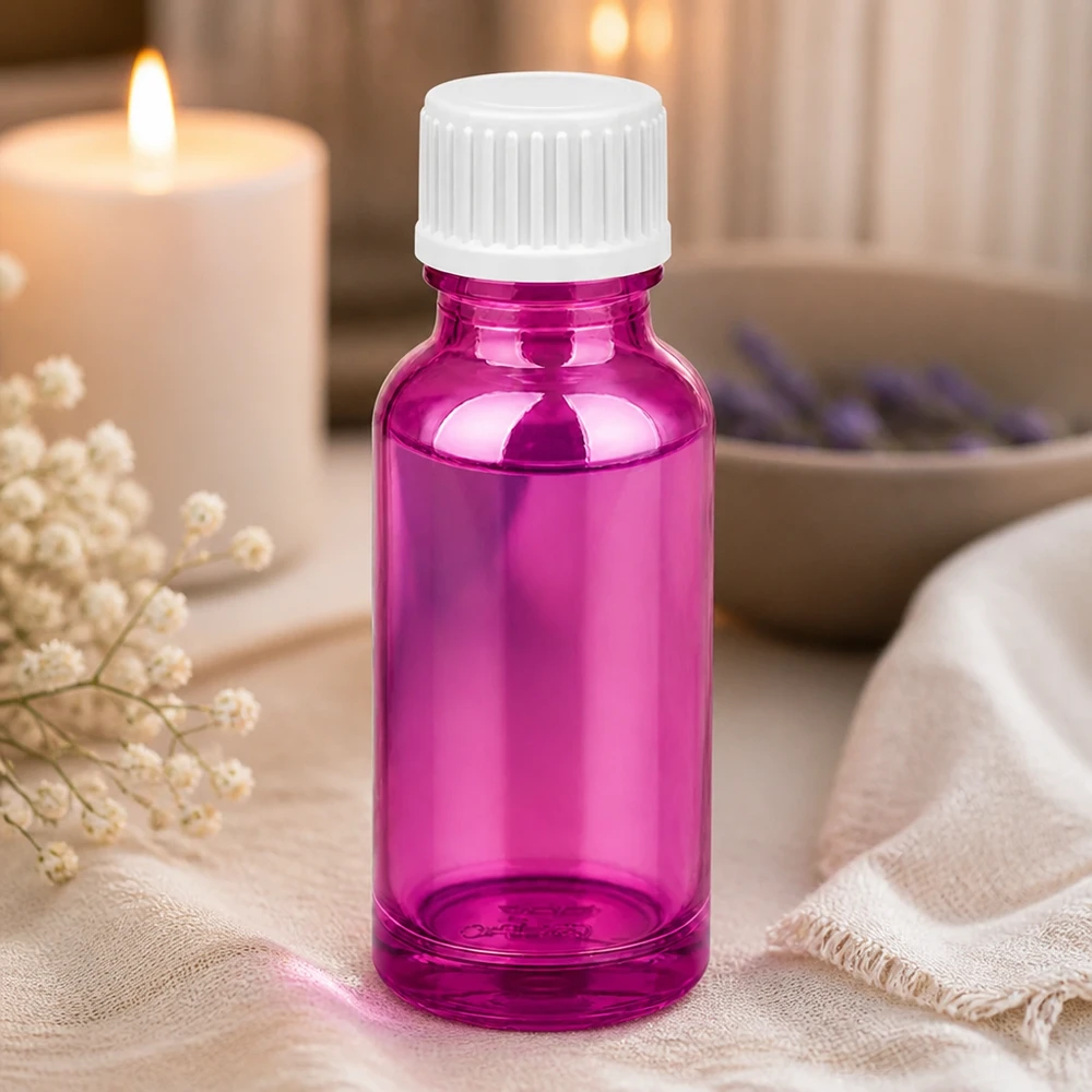 Frasco conta-gotas de 20ml 0,9mm branco padrão PurpleLine. UT18/20 Frasco conta-gotas compacto de 20 ml em roxo brilhante para aplicações de aromaterapia com tampa branca