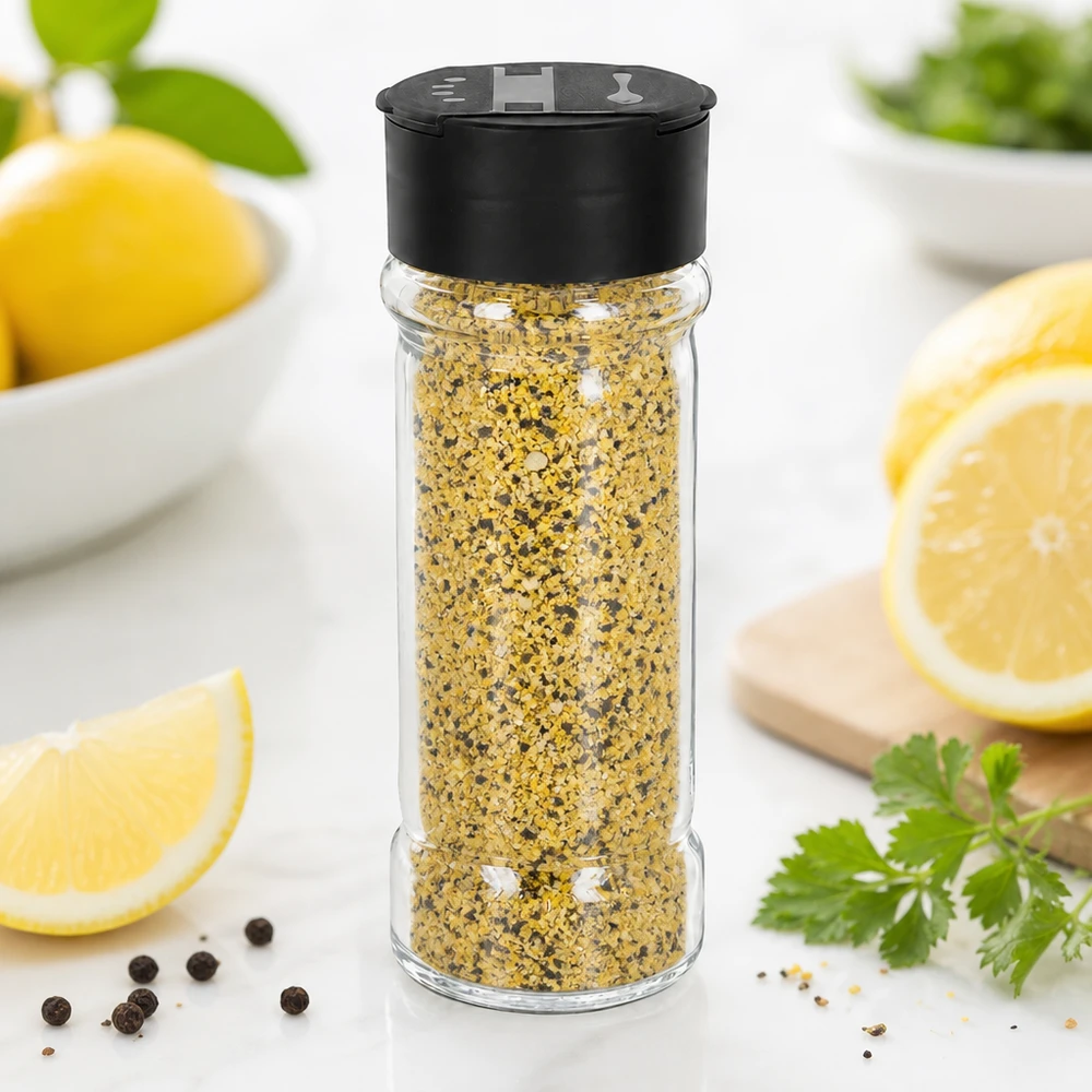 Mistura de especiarias de pimenta e limão num frasco de vidro transparente de 100 ml com tampa dupla preta com salpicoador