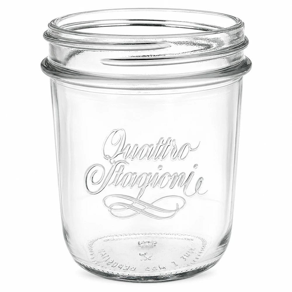 Copos vazios Quattro Stagioni de 320 ml com rosca QS86mm e letras elegantes para conservas e enlatados