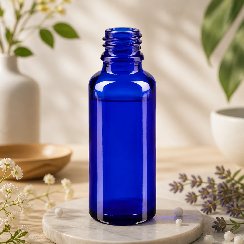 Frasco azul de farmácia ApoGlas de 30 ml com gargalo roscado estreito para uma dosagem precisa, gota a gota