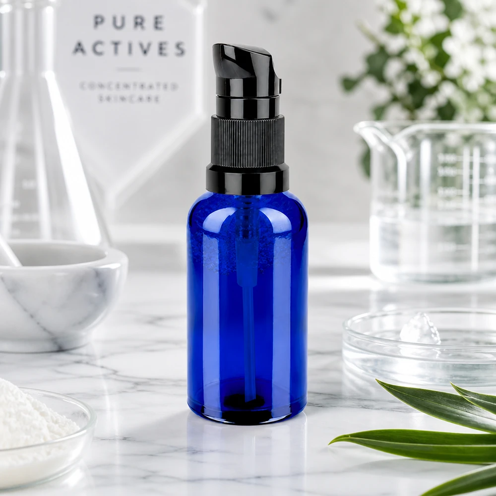 Frasco doseador de 50 ml preto com tampa standard BlueLine UT18/50 Frasco de vidro de alta qualidade de 50 ml com bomba preta mate para produtos de luxo para a pele STD BlueLine UT18/50