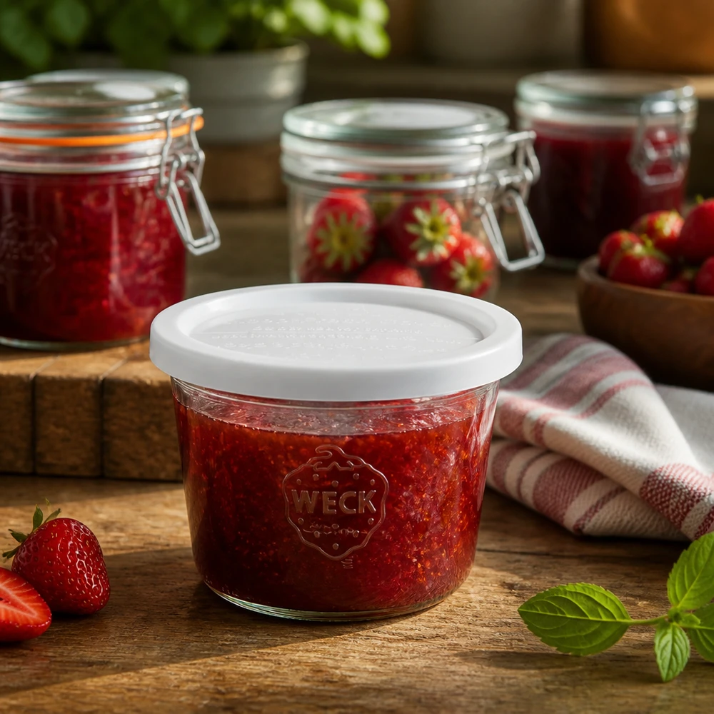 Frasco WECK 370ml RR100 cheio de compota de morango numa cozinha rústica ao lado de morangos frescos e frascos de conserva