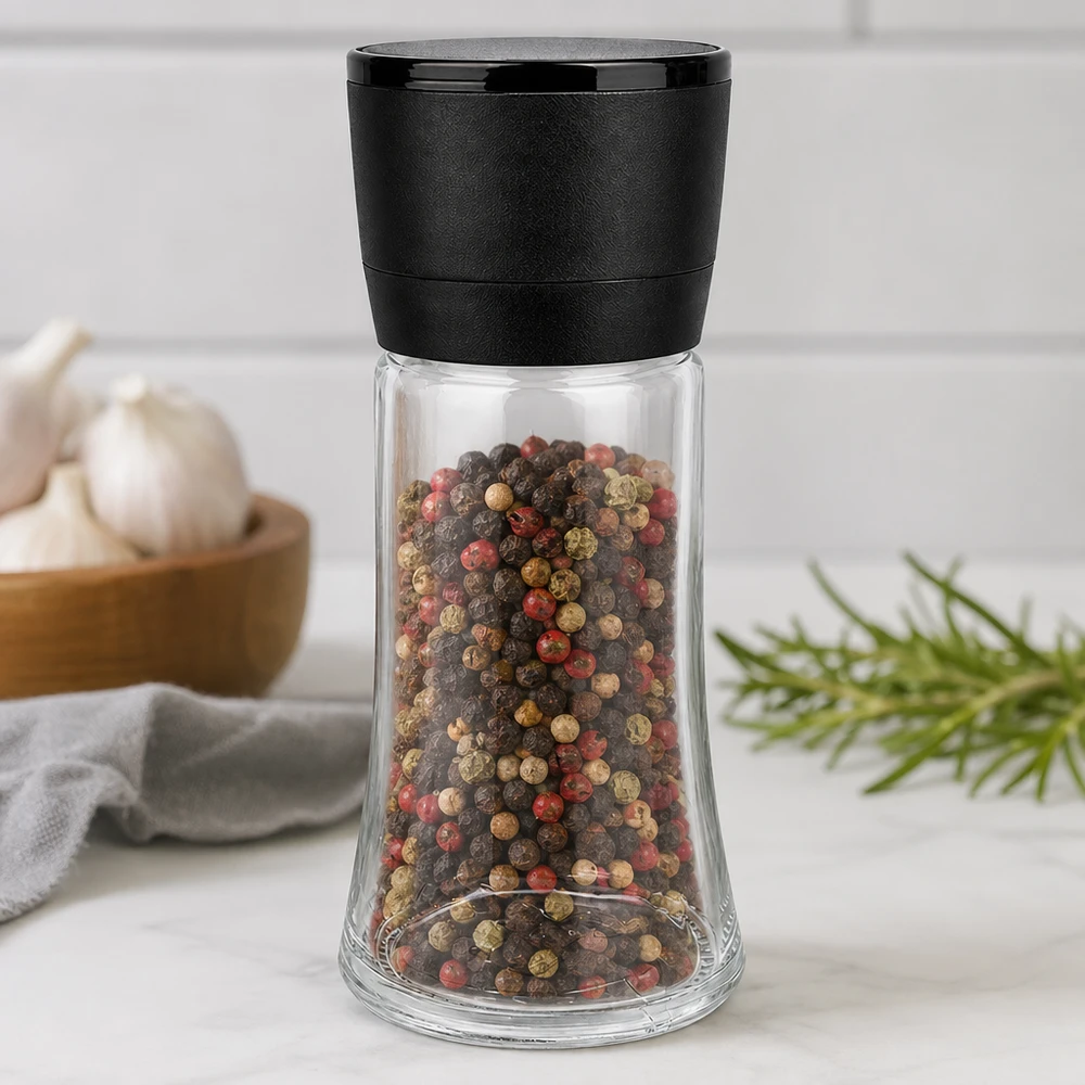 Frasco para sal/especiarias de 95 ml com moinho Vario preto Moinho de pimenta de 95 ml com mecanismo de moagem preto e grãos de pimenta coloridos sobre uma superfície de mármore branco