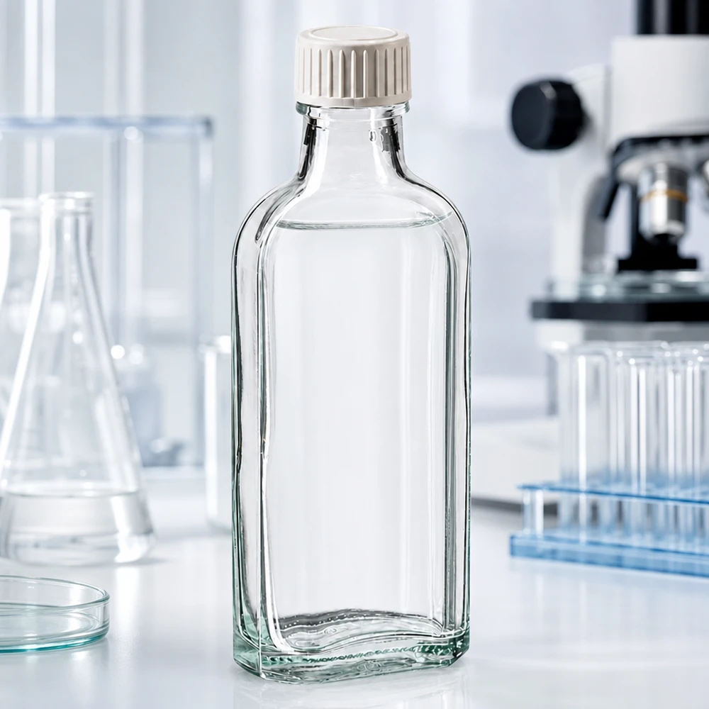 Tampa de rosca transparente Meplat de 100 ml com inserção de espuma PE Frasco de laboratório achatado de 100 ml, em vidro transparente, com tampa de rosca em plástico branco