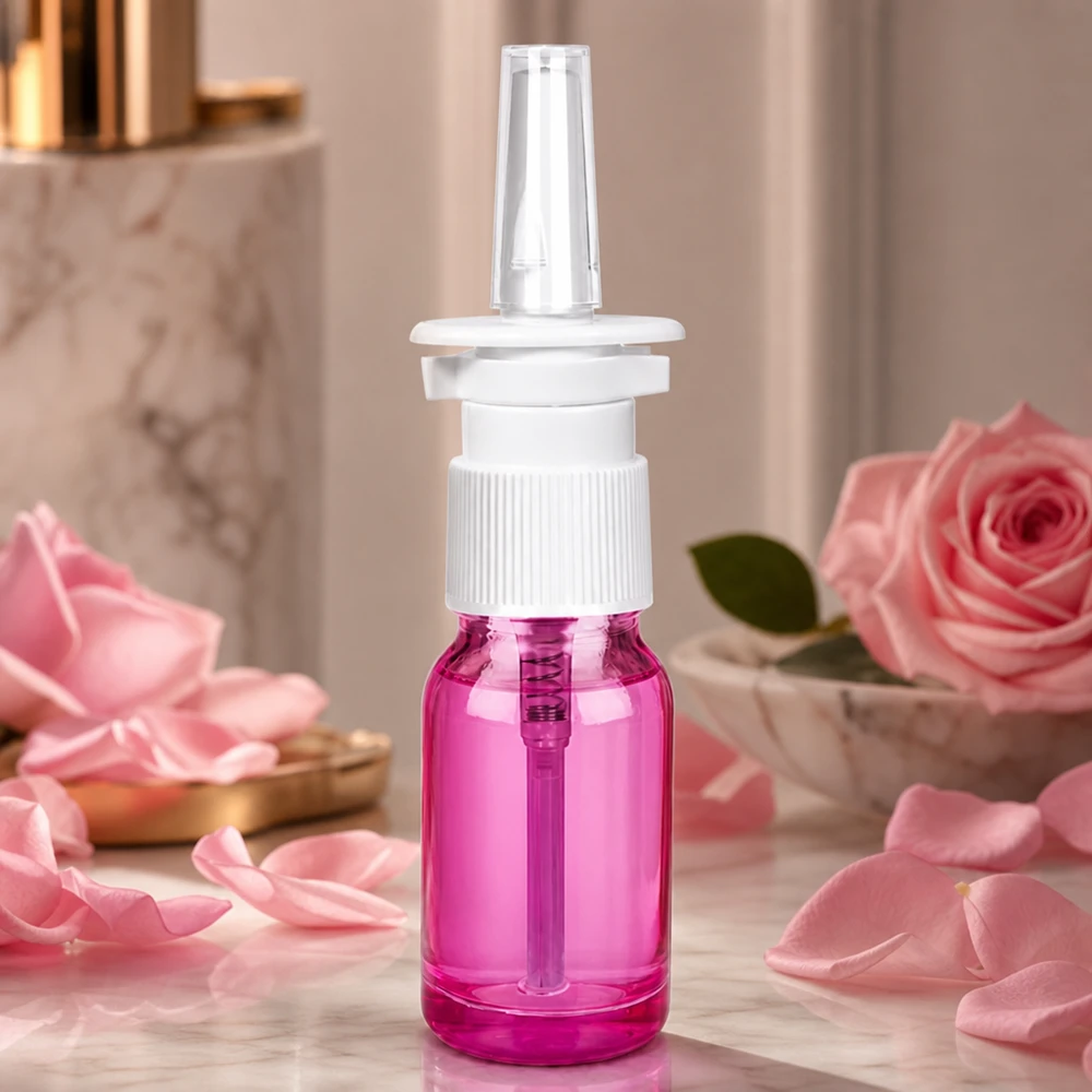 Frasco de spray nasal de 10 ml branco/transparente standard PurpleLine. UT18/10 Frasco de vidro de 10 ml para pulverização nasal em luz púrpura com bomba pulverizadora branca para cuidados nasais