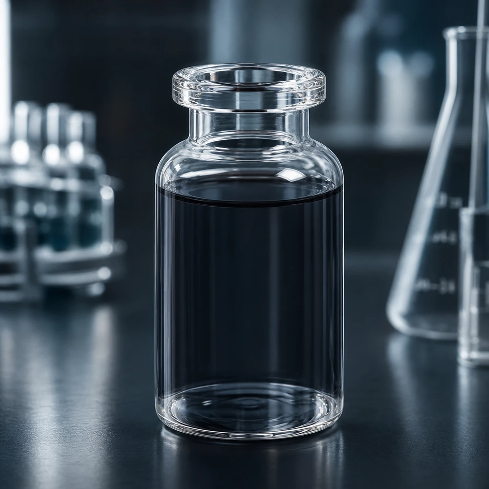 Frasco de injeção de vidro transparente 10ml Hochwertige Klarglas Injektionsflasche 10ml mit breitem Mündungsring und dunklem Flüssigkeitsinhalt