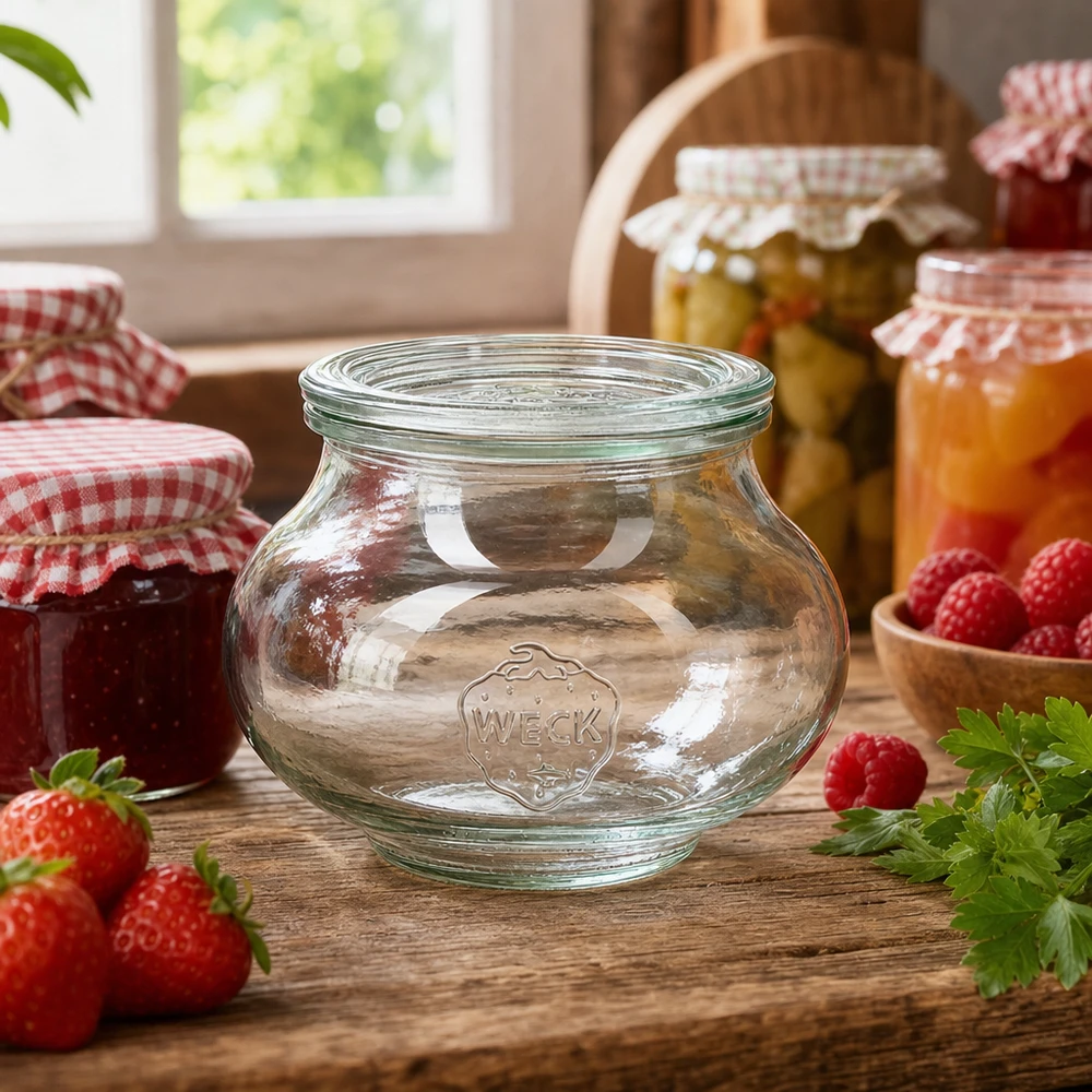 Frasco de conserva WECK RR80 560 ml na cozinha rústica, decorado com frascos para compotas, fruta e outros produtos
