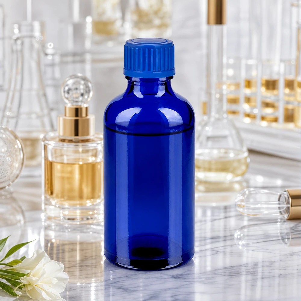 Frasco de vidro azul de 50 ml UT18/50 com tampa ranhurada para aplicações profissionais