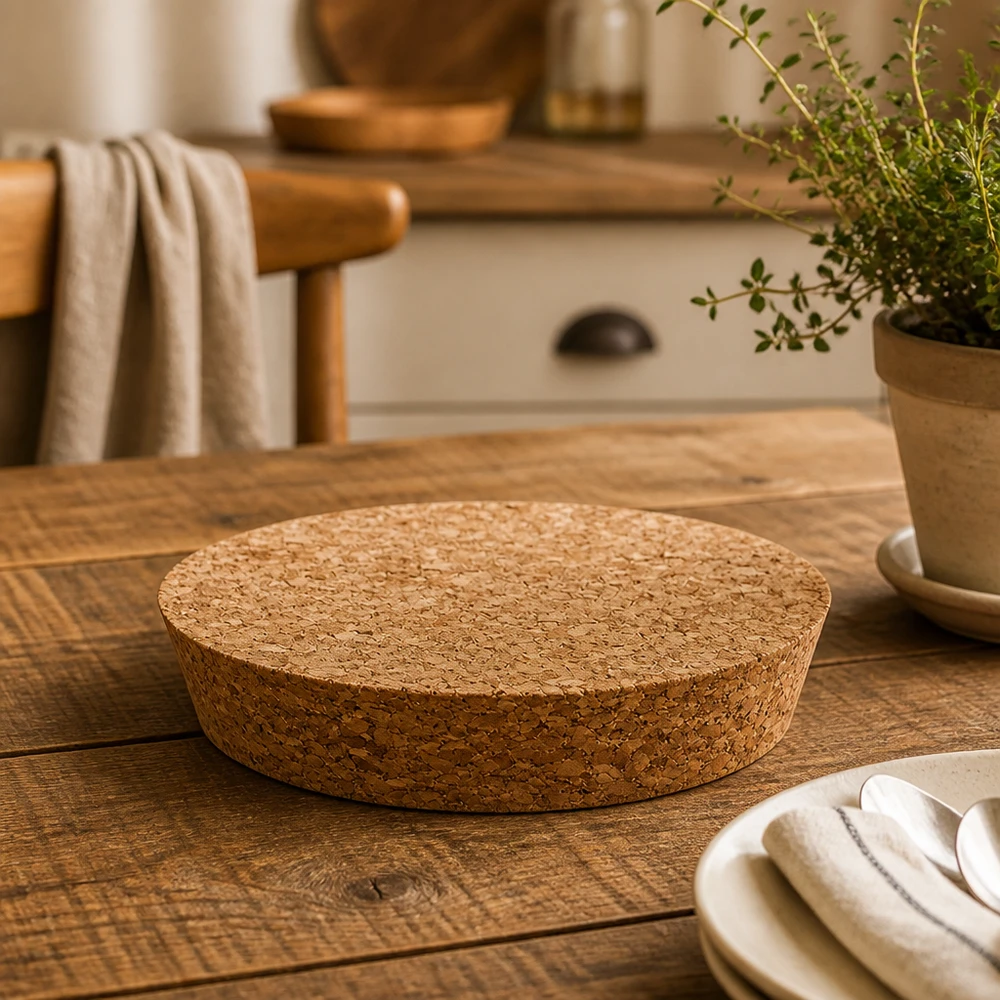 WECK RR100 fotografia de pormenor de cortiça sobre mesa de madeira com utensílios de cozinha e vaso de ervas aromáticas tampa de cortiça natural 20 mm de altura