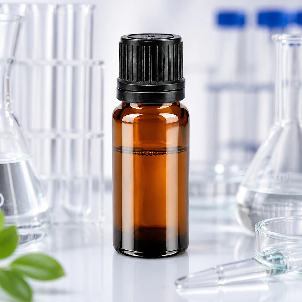 Frasco de vidro castanho de 10 ml com tampa de rosca preta e conta-gotas, utilizado em ambiente de laboratório
