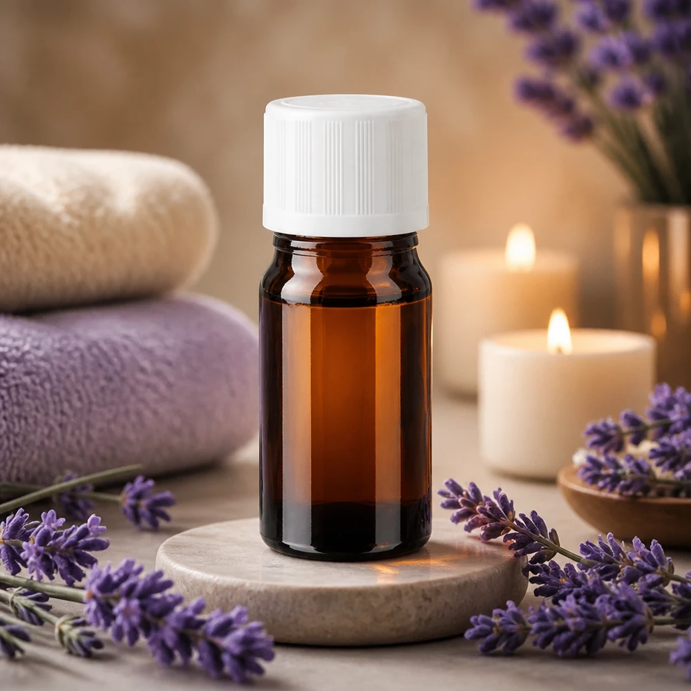 Frasco de farmácia castanho de 5 ml com tampa KiSi branca, sobre uma base de pedra, entre flores de lavanda