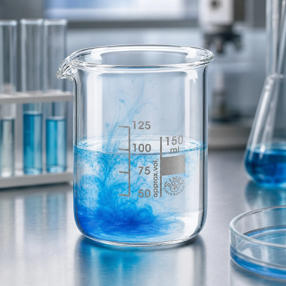 Copo 150ml de vidro borossilicato, forma baixa Copo de vidro borossilicato resistente ao calor de 150 ml com líquido azul em design moderno de laboratório