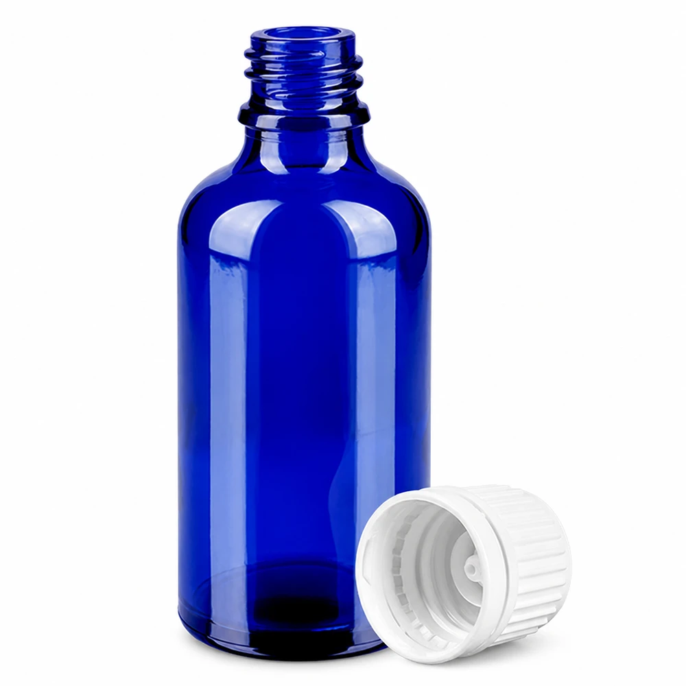 Frasco de 50ml com tampa de rosca de 11mm branca inviolável BlueLine UT18/50 Frasco de vidro azul-cobalto de 50 ml com rosca e tampa branca para óleos essenciais