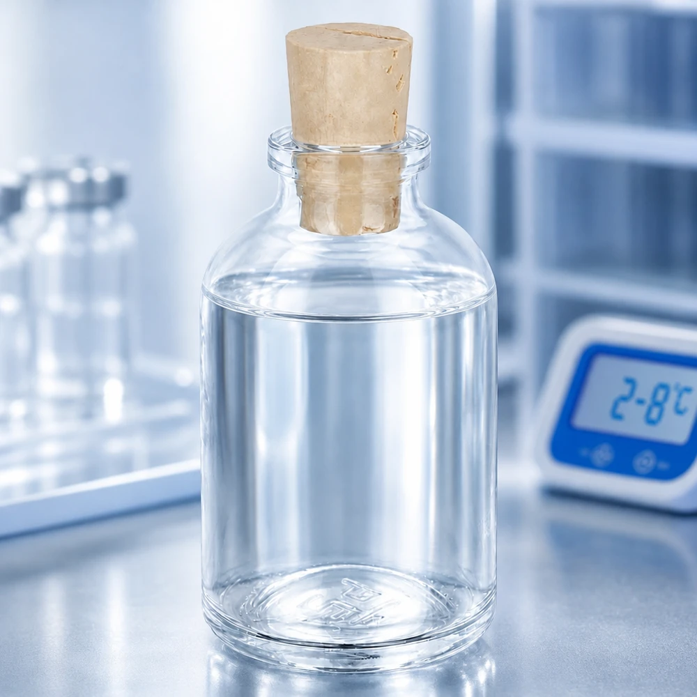 Frasco de vidro transparente 50ml com rolha 11/14mm Apothekerflasche Klarglas 50ml mit Korken 11/14mm halb gefüllt mit klarer Lösung im Kühlbereich
