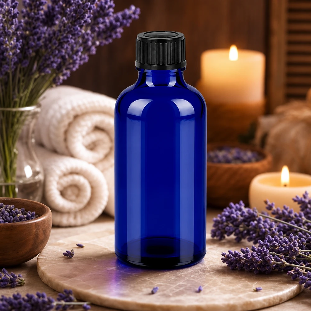 Frasco de vidro BlueLine de 50 ml de alta qualidade com tampa preta para óleos essenciais e aromaterapia