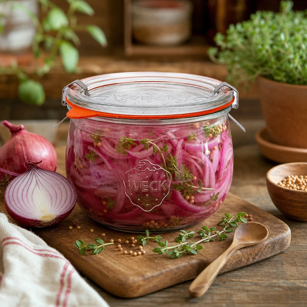Frasco tulipa WECK de 580 ml RR100 cheio de cebolas vermelhas em conserva, decoradas com ervas aromáticas numa tábua de madeira
