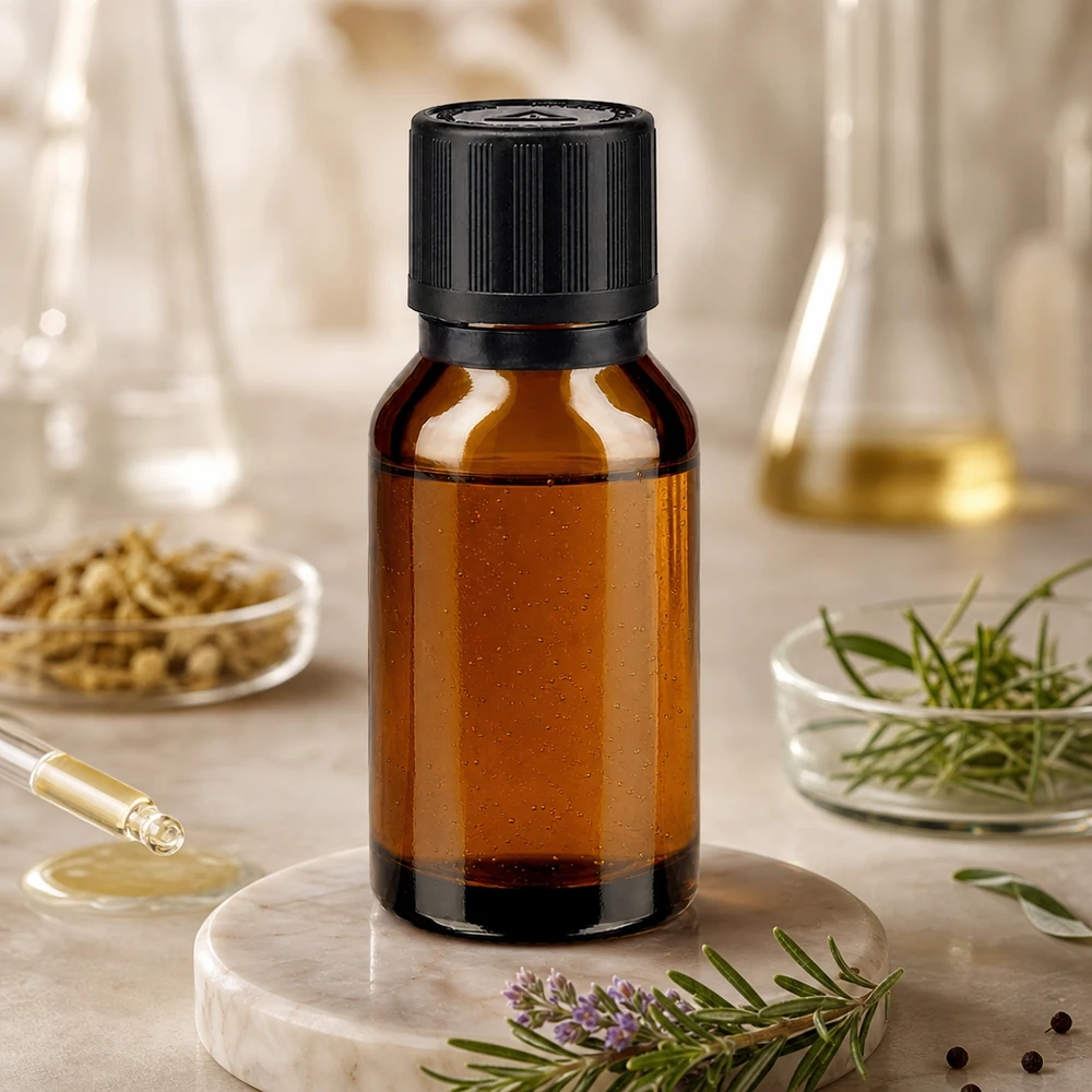 Frasco de farmácia de 15 ml, de cor âmbar, com conta-gotas, rodeado por alecrim e material de vidro de laboratório