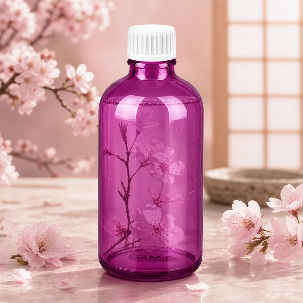 Frasco de 100 ml (glóbulo) com anel de vazamento de 3 mm branco PurpleLine padrão. UT18/100 Frasco de vidro redondo de 100 ml com um design elegante em roxo e uma prática rosca UT18
