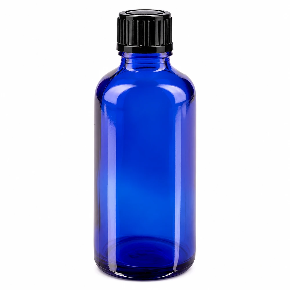 Frasco de farmácia de vidro azul de 50 ml com tampa de rosca preta padrão de 11 mm