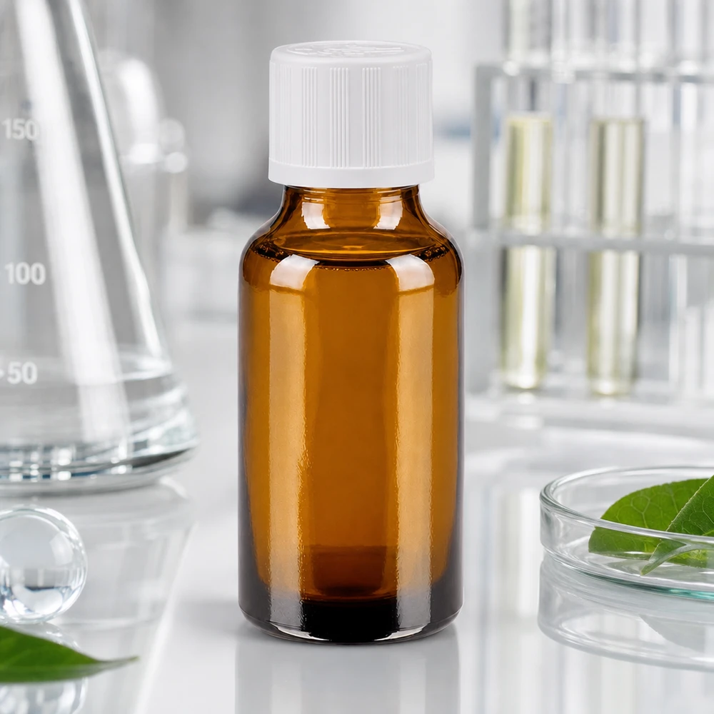 Frasco de farmácia de 20 ml em vidro castanho com tampa de segurança infantil branca, utilizado em ambiente laboratorial