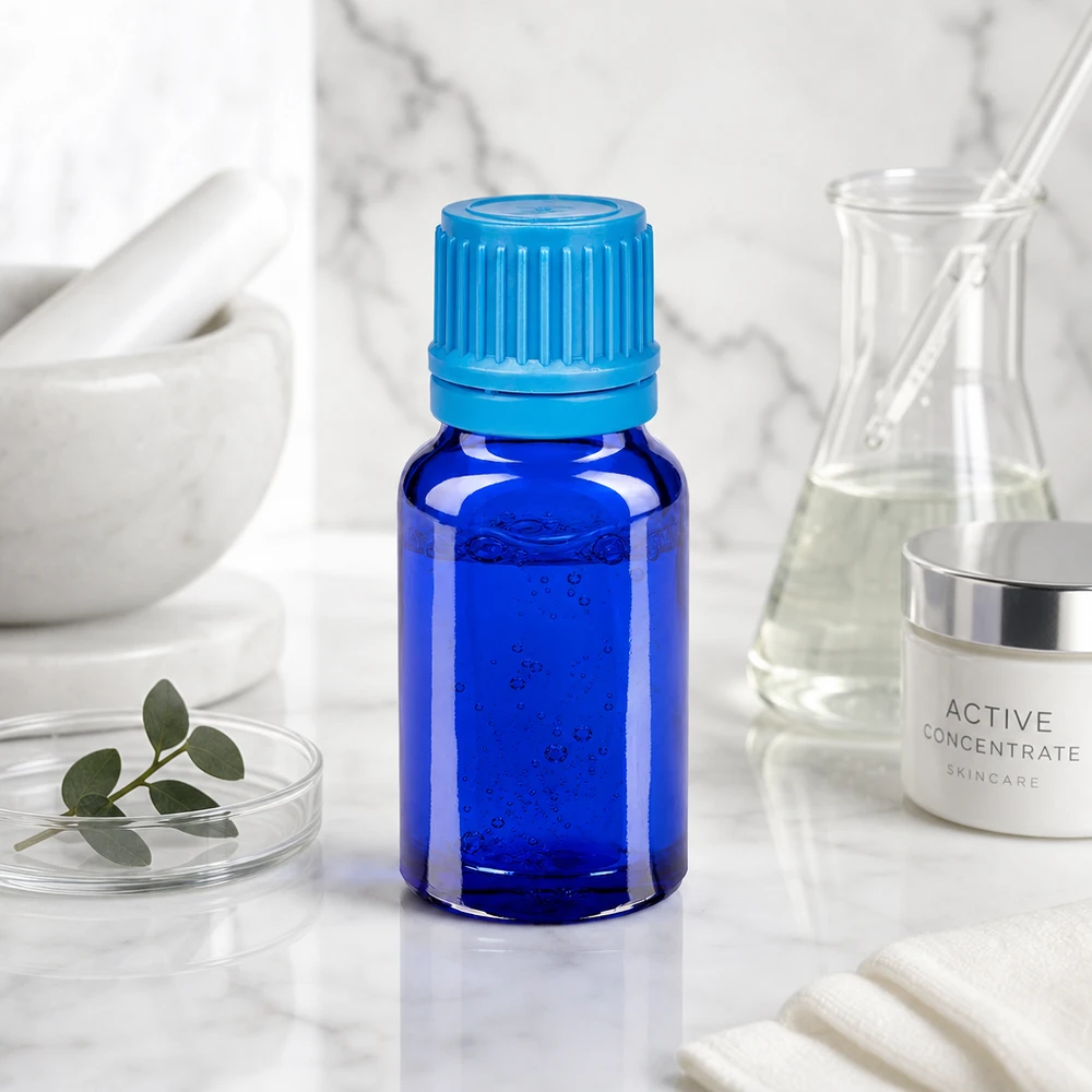 Frasco de 10 ml com tampa de rosca de 11 mm azul BlueLine UT18/10 Frasco de vidro de 10 ml de alta qualidade da série BlueLine com proteção UV para substâncias sensíveis à luz