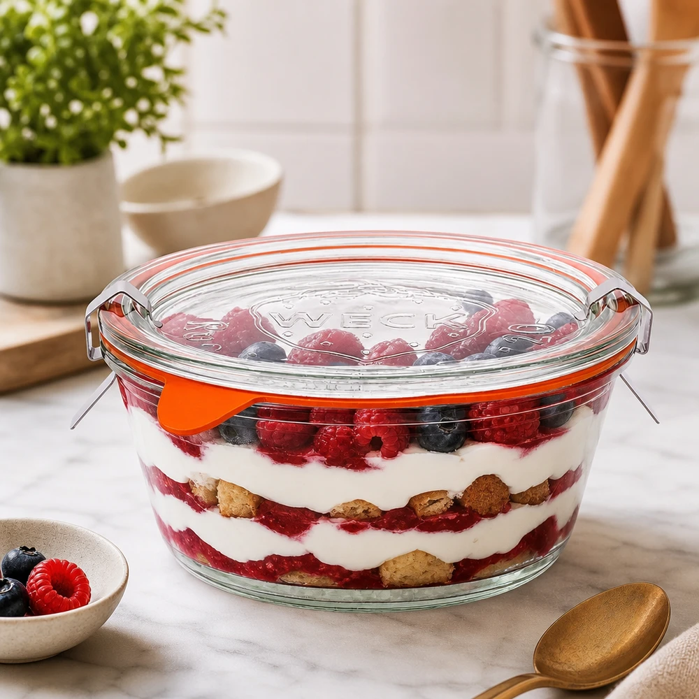 Frasco gourmet WECK 300ml RR120 cheio de sobremesa de frutos silvestres em camadas, trifle em recipiente de vidro com tampa