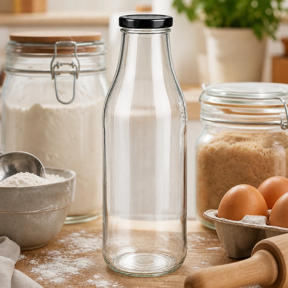 Garrafa de vidro de 1000 ml vazia em cima de uma mesa de madeira entre ingredientes de pastelaria, ovos e farinha como equipamento de cozinha