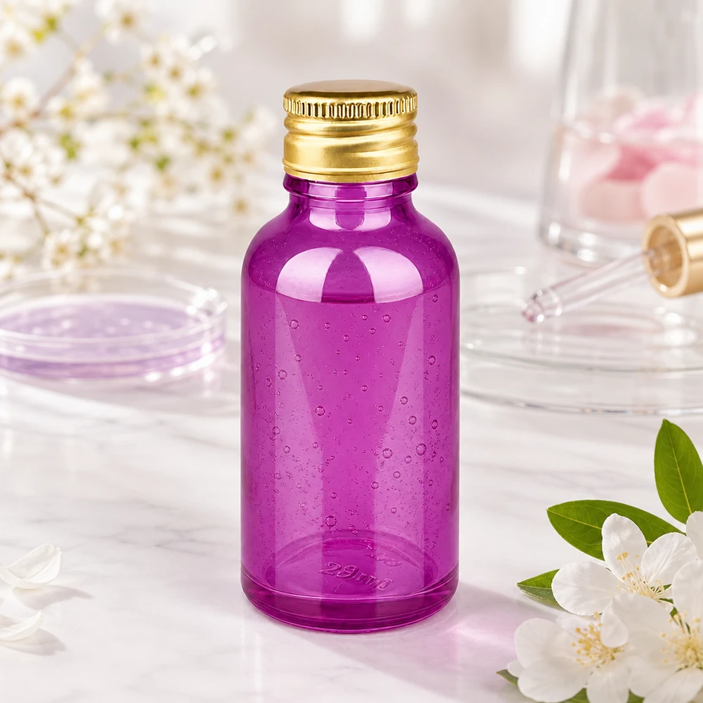 Frasco de vidro compacto de 30 ml em roxo elegante com rosca STD para uma dosagem precisa de produtos cosméticos