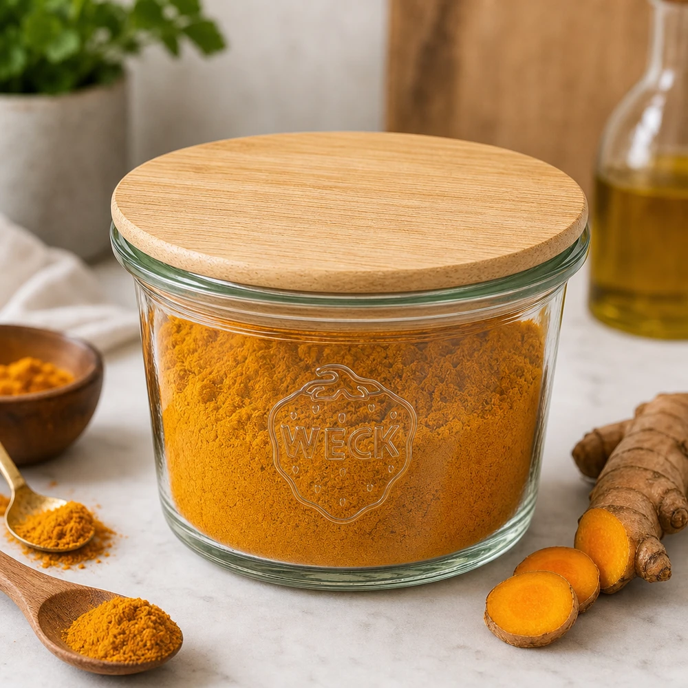 35ml Mini Sturzglas WECK RR40 mit Holzdeckel Mini frasco de vidro WECK de 35 ml com tampa de madeira cheio de curcuma em pó na cozinha ao lado de raízes de curcuma e especiarias frescas