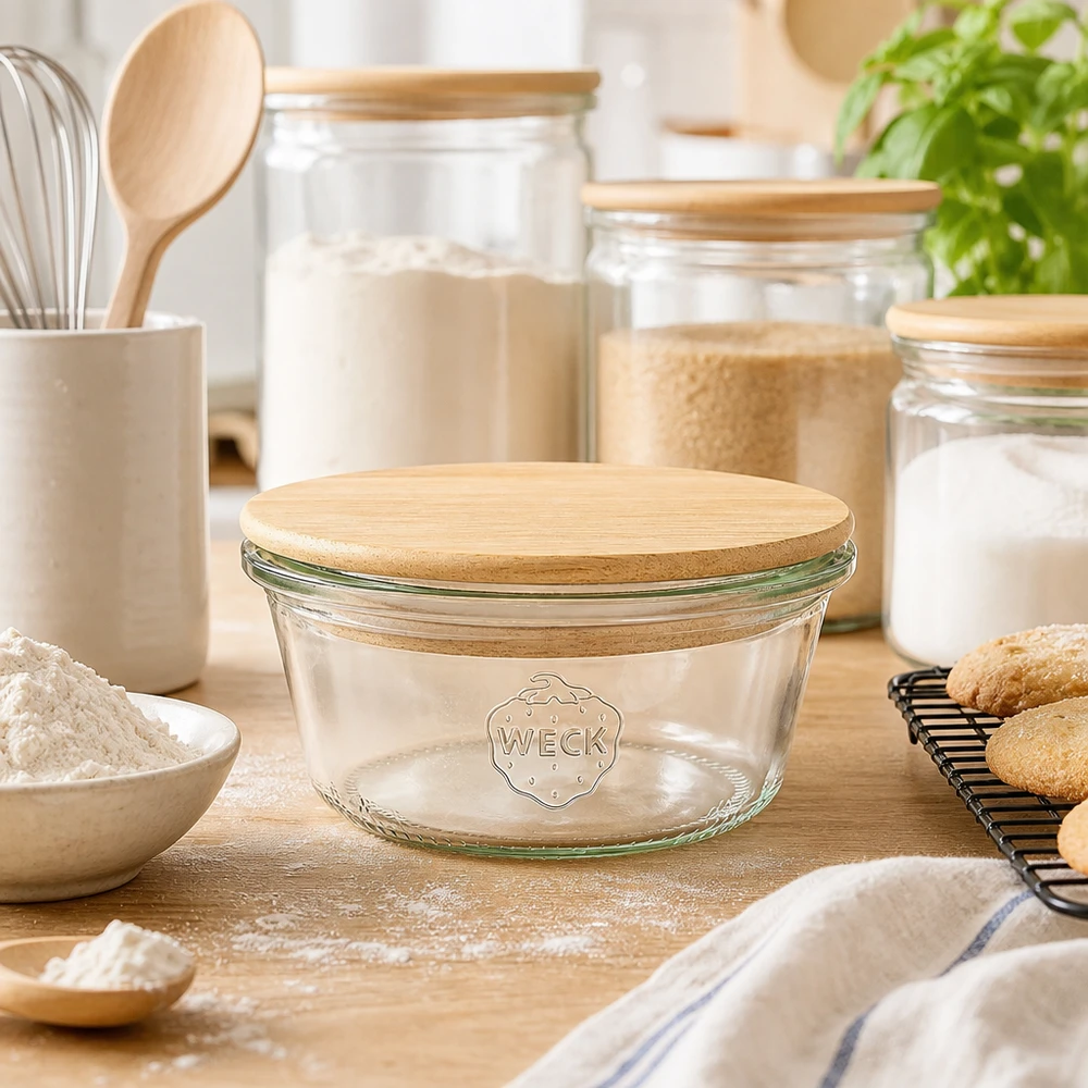 Copos WECK 290ml RR100 com tampa de madeira de bambu na cozinha de padaria com farinha, biscoitos e organização de armazenamento