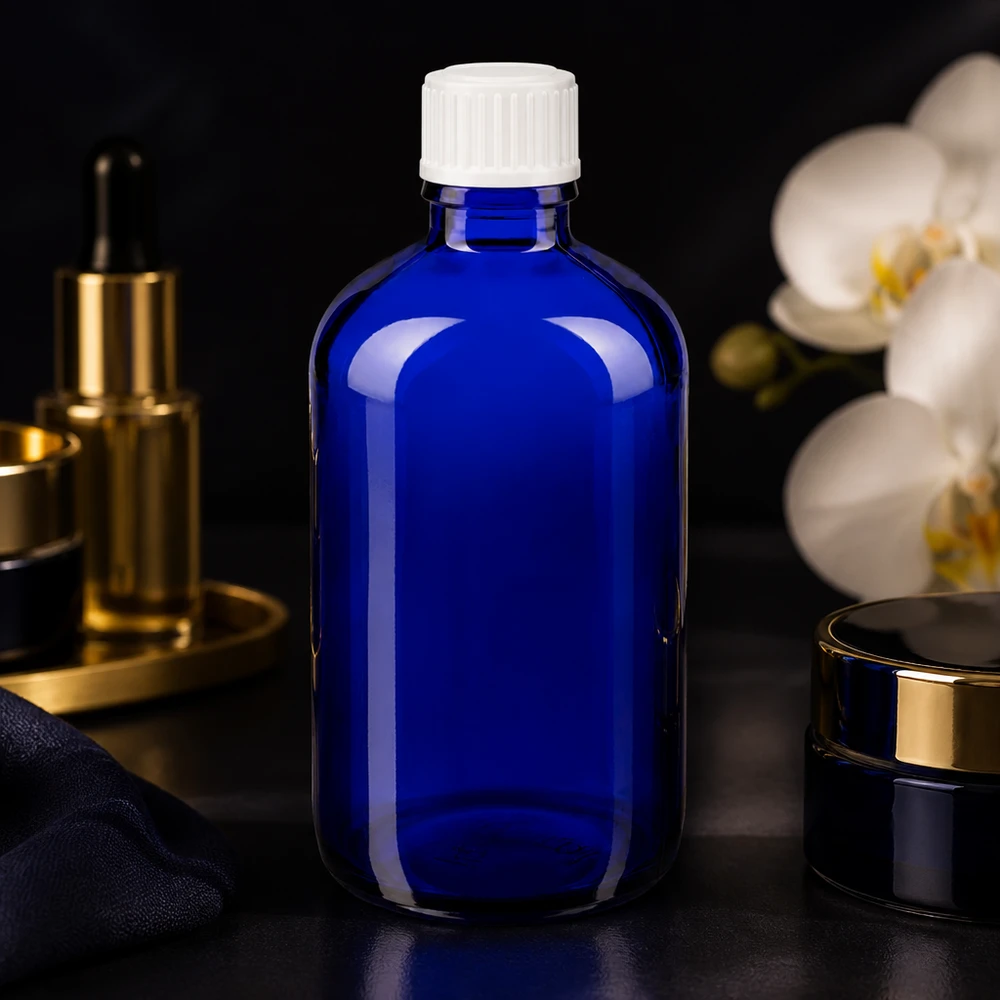 Frasco de vidro azul de 100 ml com tampa de segurança infantil branca para produtos farmacêuticos e cosméticos