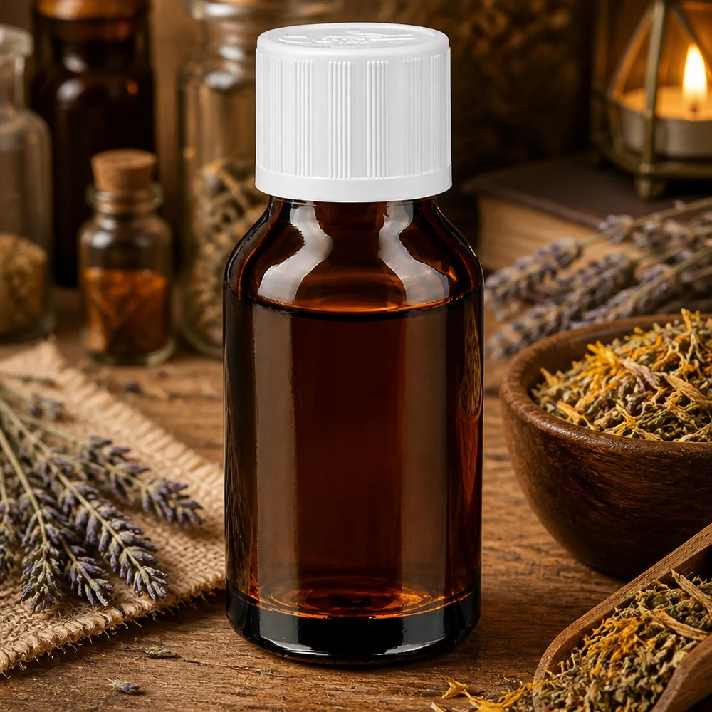 Frasco de farmácia castanho 30ml com tampa de rosca branca resistente a crianças Pequeno frasco de farmácia castanho de 30 ml com tampa de rosca branca, entre ervas secas