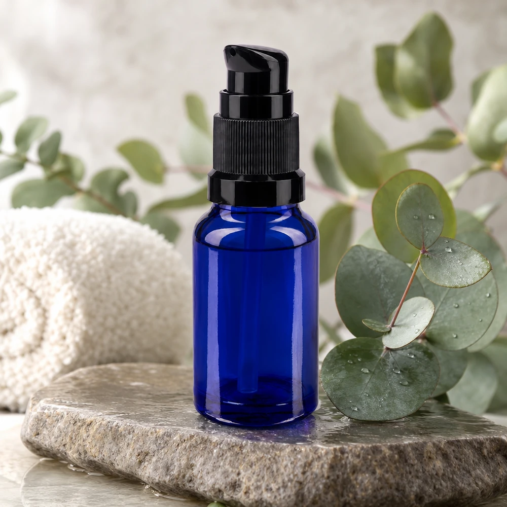 Frasco azul com bomba de 10 ml da ApoGlas sobre pedra natural com eucalipto num ambiente de spa