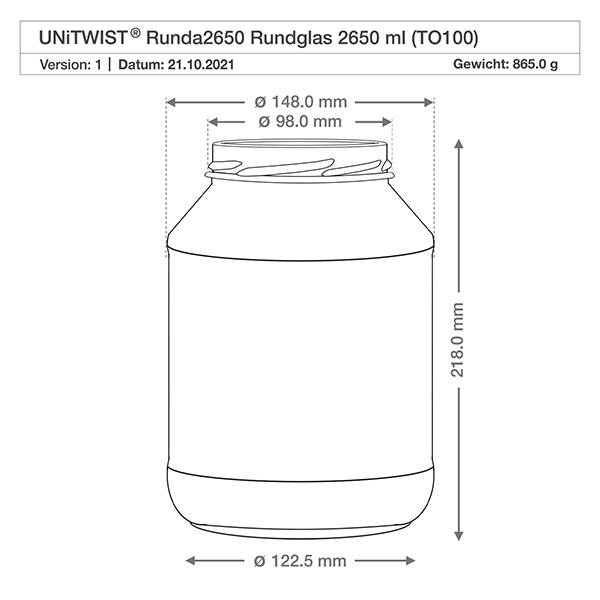 Frasco redondo de 2650 ml sem tampa (TO100) UNiTWIST Desenho técnico dos copos UNiTWIST Runda2650 2650ml com dimensões diâmetro 148mm altura 218mm TO100